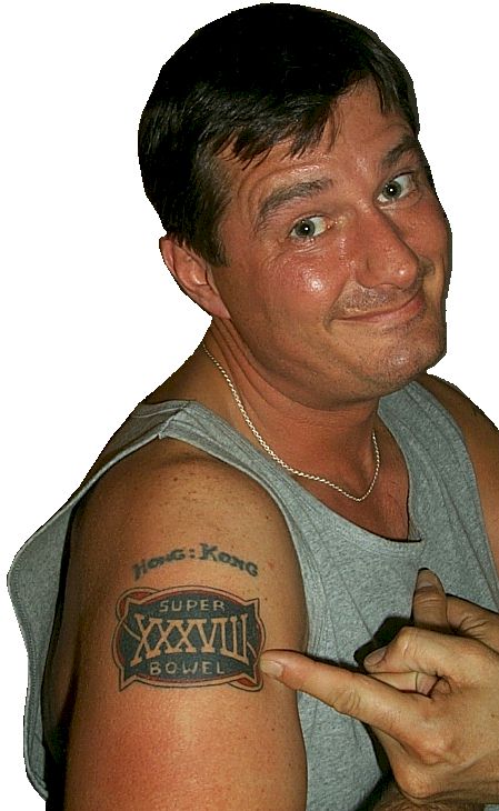 Why is this smiling man wearing a Superbowl tattoo? Hint: His name is Mark 